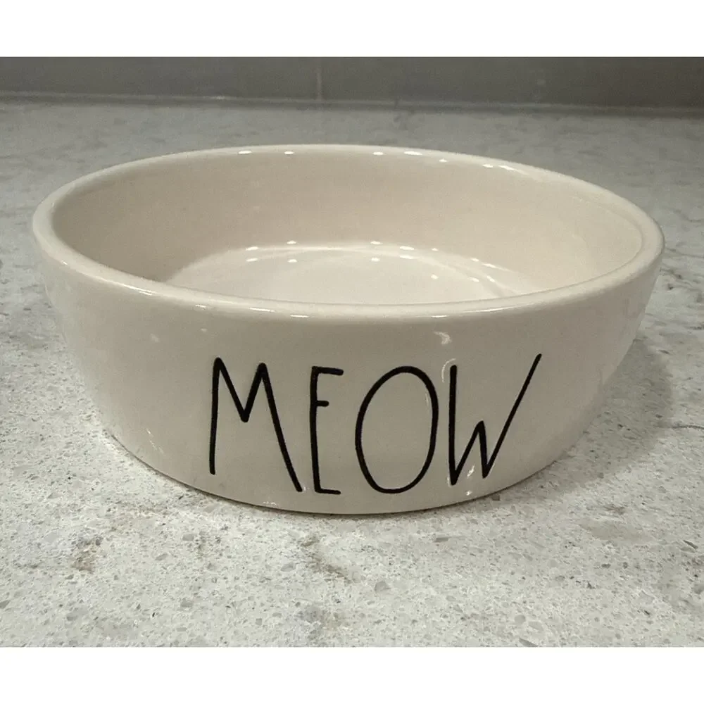 “MEOW” Rae Dunn WHITE 5” Ceramic Cat Pet Dish Food Water Bowl New